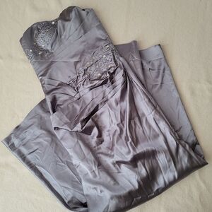 Vintage 90's Couture Strapless Formal Gown Gray Satin Lace Up Back Beaded 2